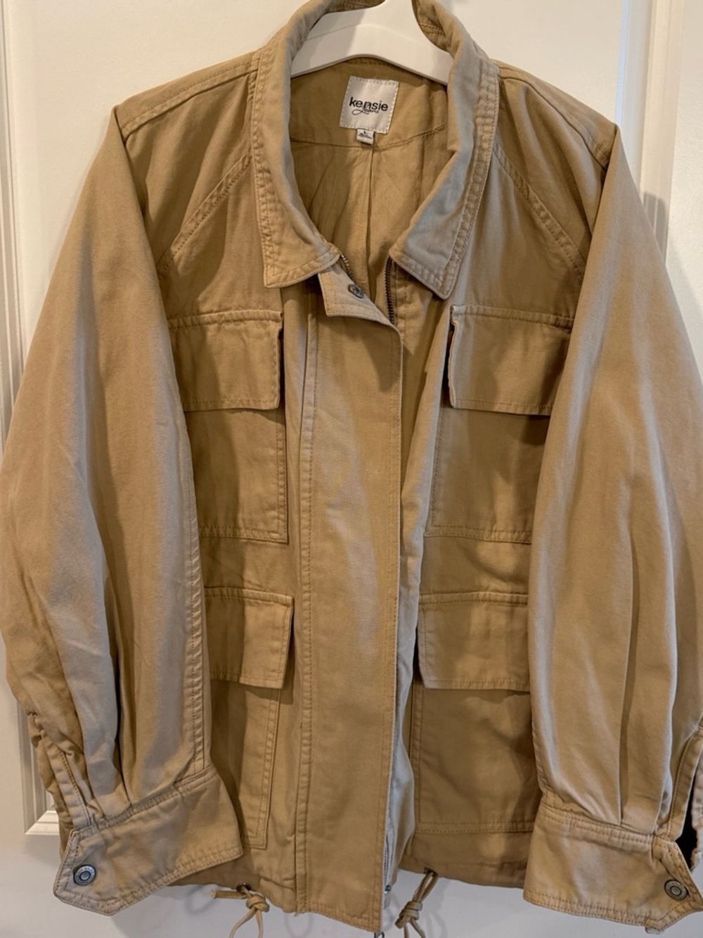 Kensie Tan Women's Work Utility Jacket with Flap Pockets and drawstring waist